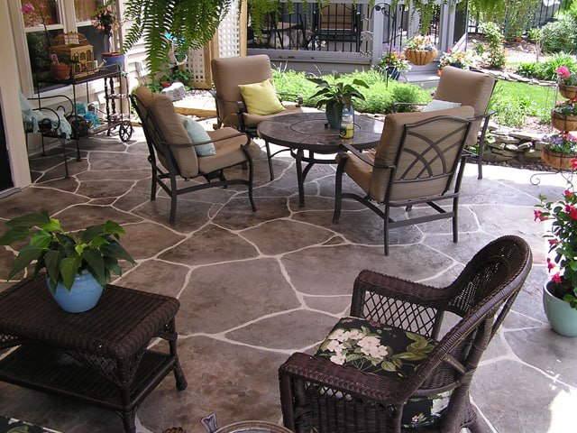 Stamped flagstone patio with outdoor furniture